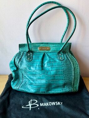 Vintg B Makowsky Turquoise Blue Croc Embossed Leather Large Satchel Shoulder Bag
